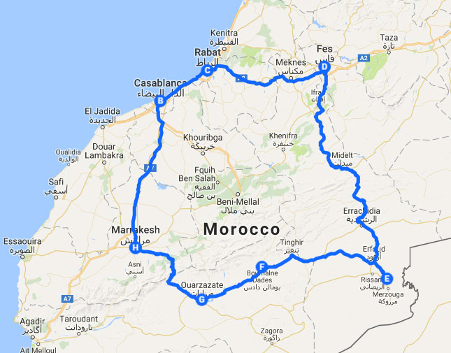 MAP OF TOUR IN MOROCCO